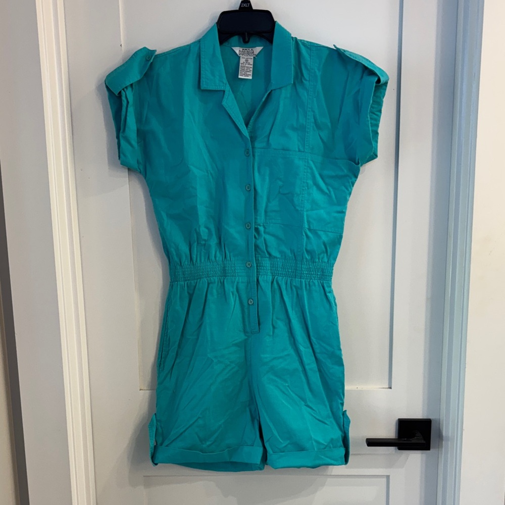 Casual Teal Short Sleeve Utility Romper